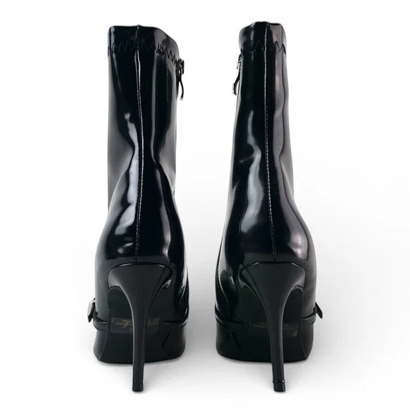 Fashion Nova Black Patent Pointed Toe Stiletto Harness Booties - Size 8.5 - Picture 3 of 4